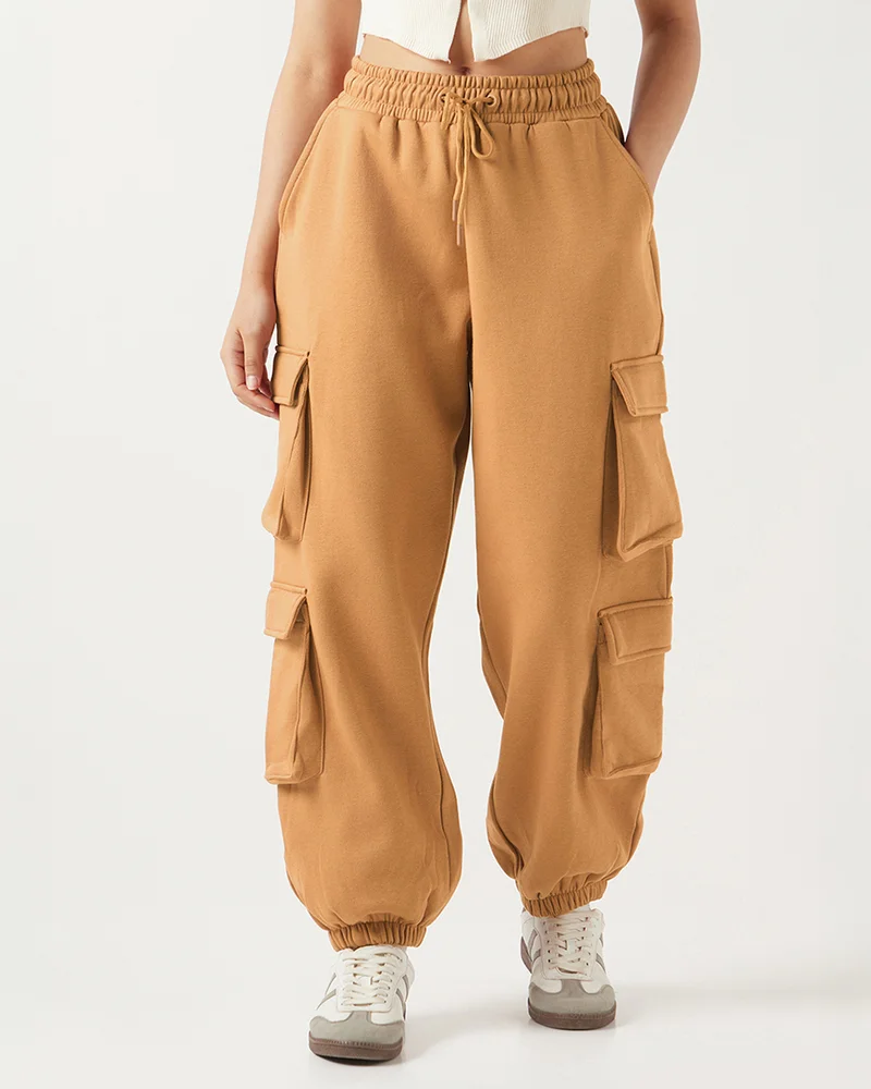 بيواكوف Women's Camel Brown Super Loose Fit Brushed Cargo Joggers